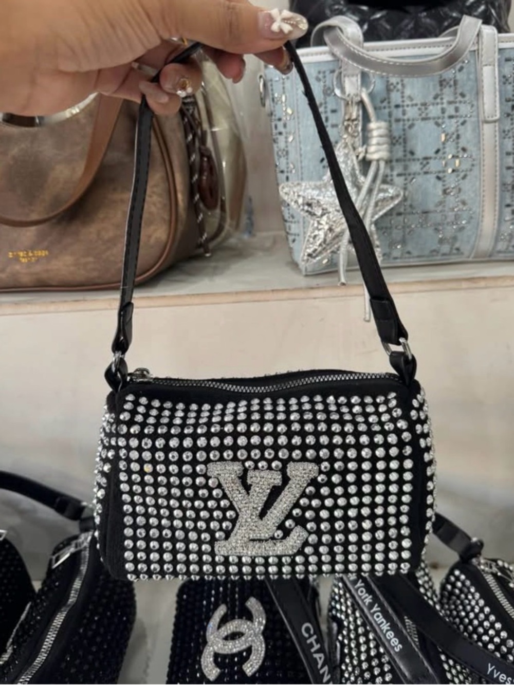Mini-Crystal-Embellished Black Studded Women's Crossbody Bag - Picture 2 of 11